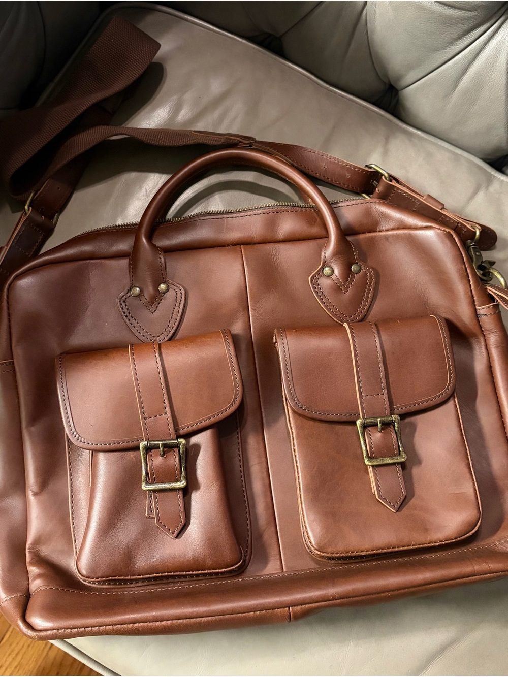 Vintage L.L. Bean Brown Leather Messenger Bag Laptop Briefcase With Top Handle